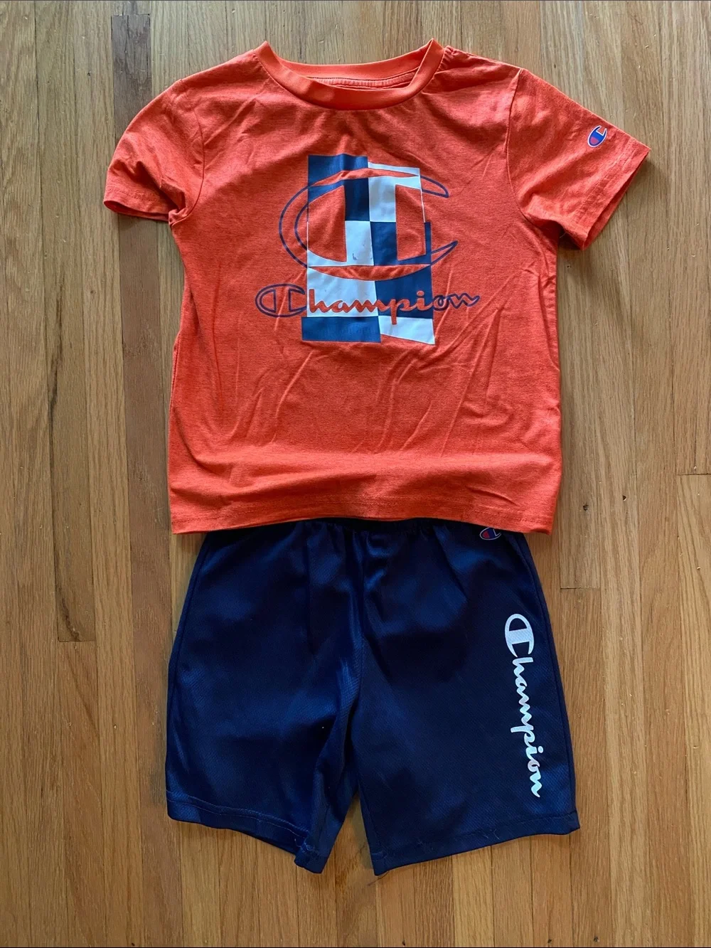 Champion Orange Logo Tee with Navy Athletic Shorts